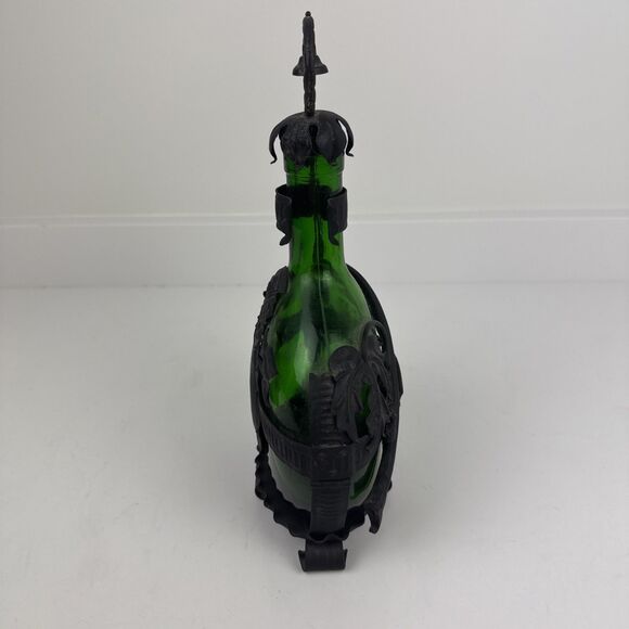 Vintage Metal Encased Wine Bottle w/ Iron Handle Green Glass Ornate With Cork - Picture 7 of 13